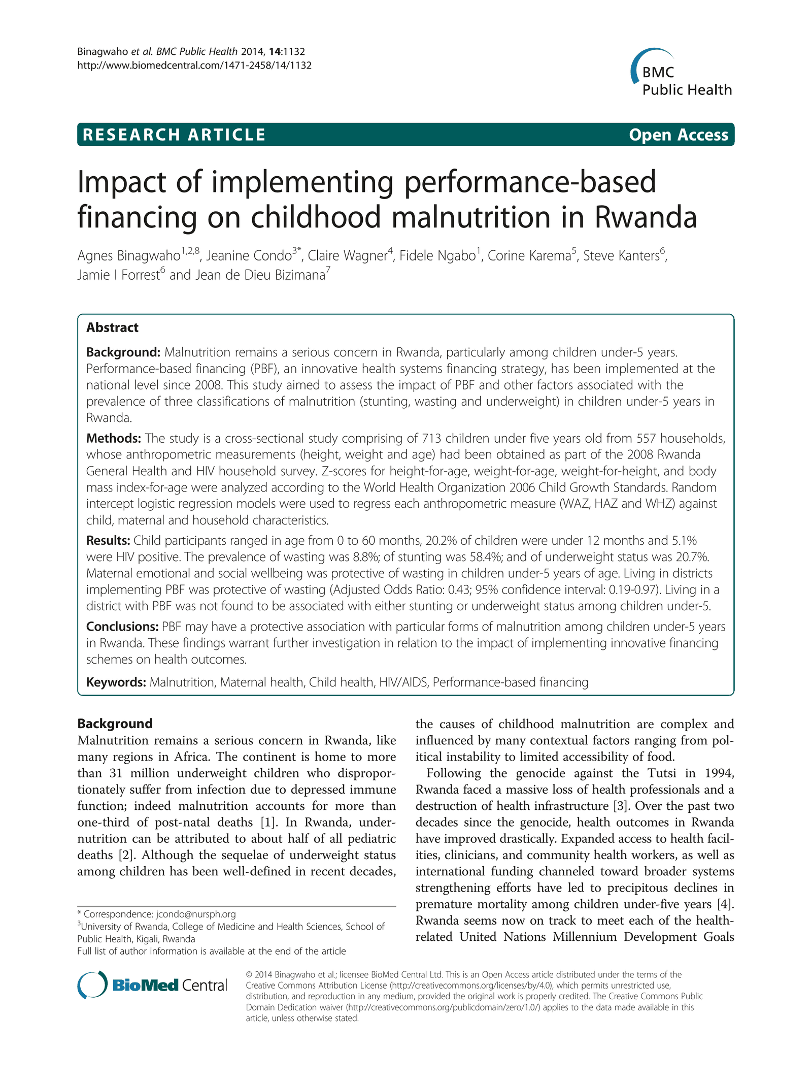 Impact of implementing performance-based financing on childhood malnutrition in Rwanda