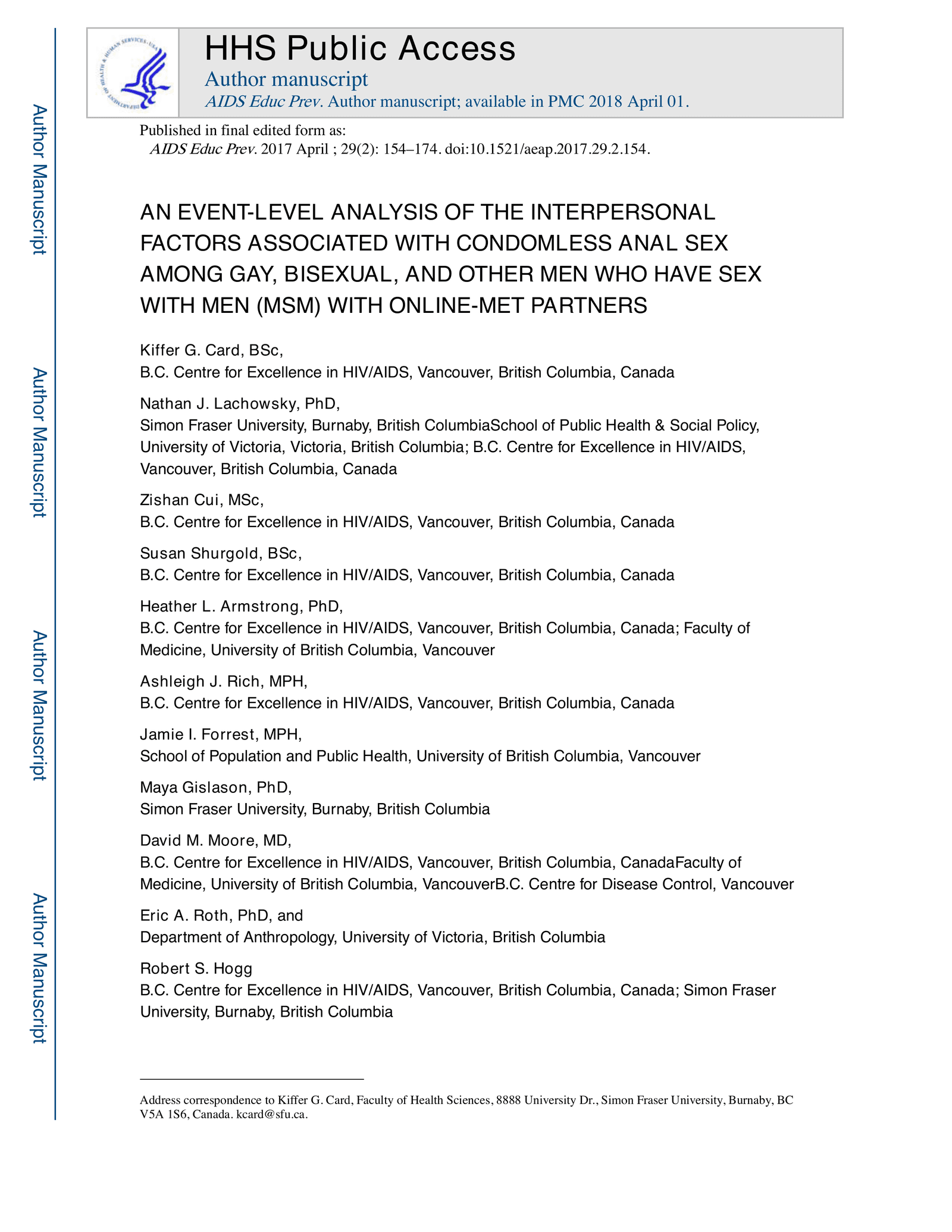 An event-level analysis of the interpersonal factors associated with condomless anal sex among gay, bisexual, and other men who have sex with men (MSM) with online-met partners