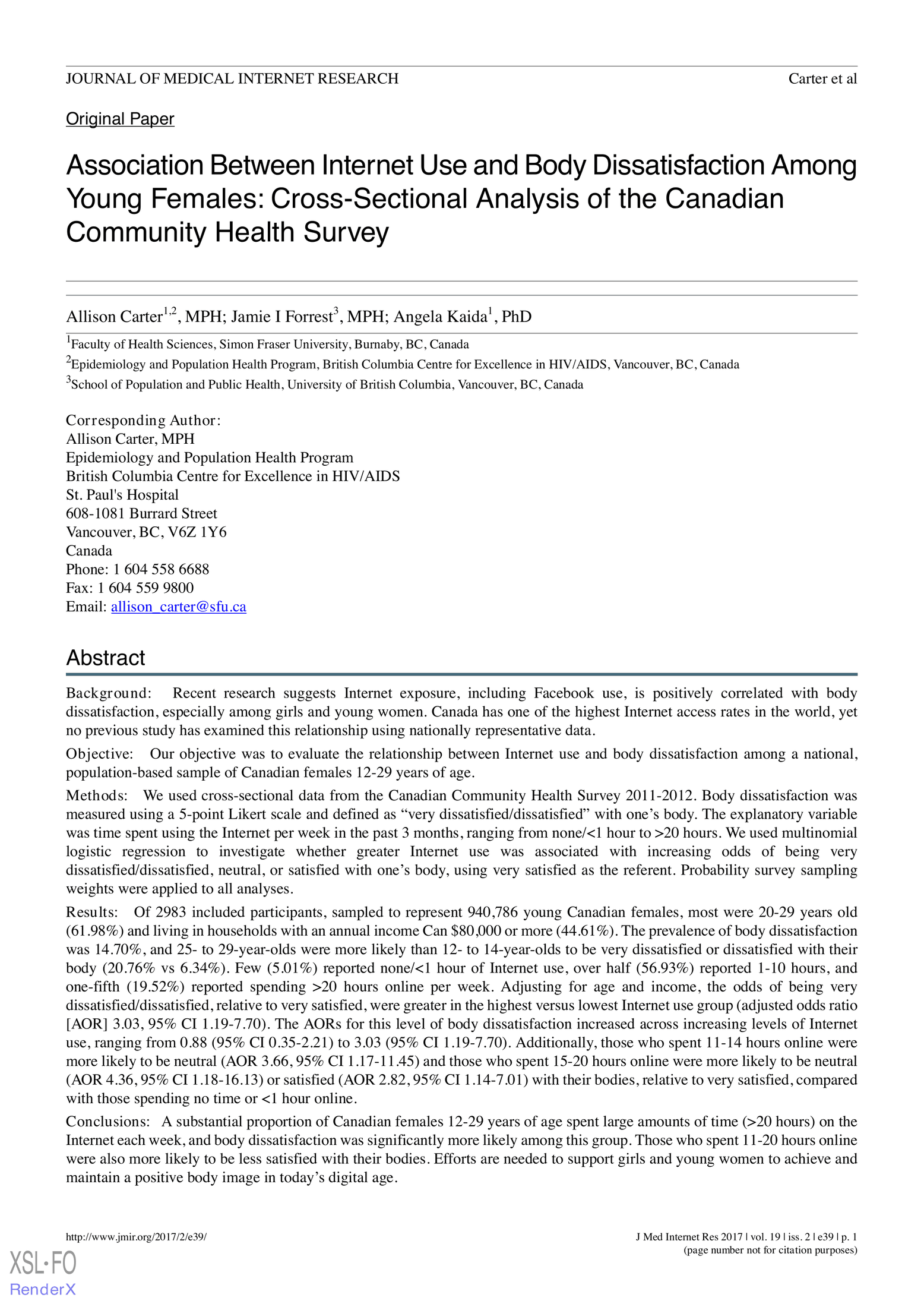 Association between Internet use and body dissatisfaction among young females: Cross-sectional analysis of the Canadian Community Health Survey