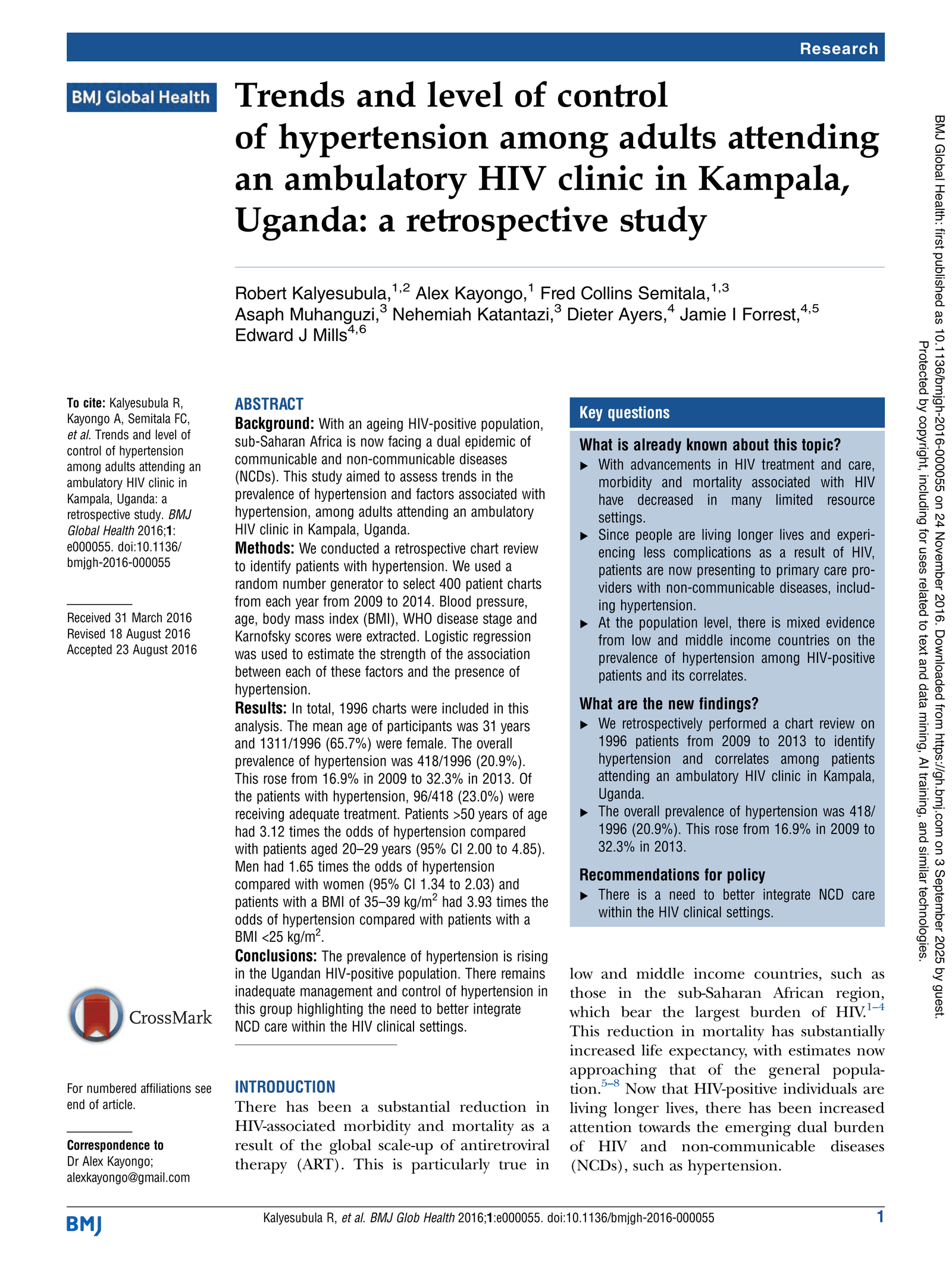 Trends and level of control of hypertension among adults attending an ambulatory HIV clinic in Kampala, Uganda: a retrospective study