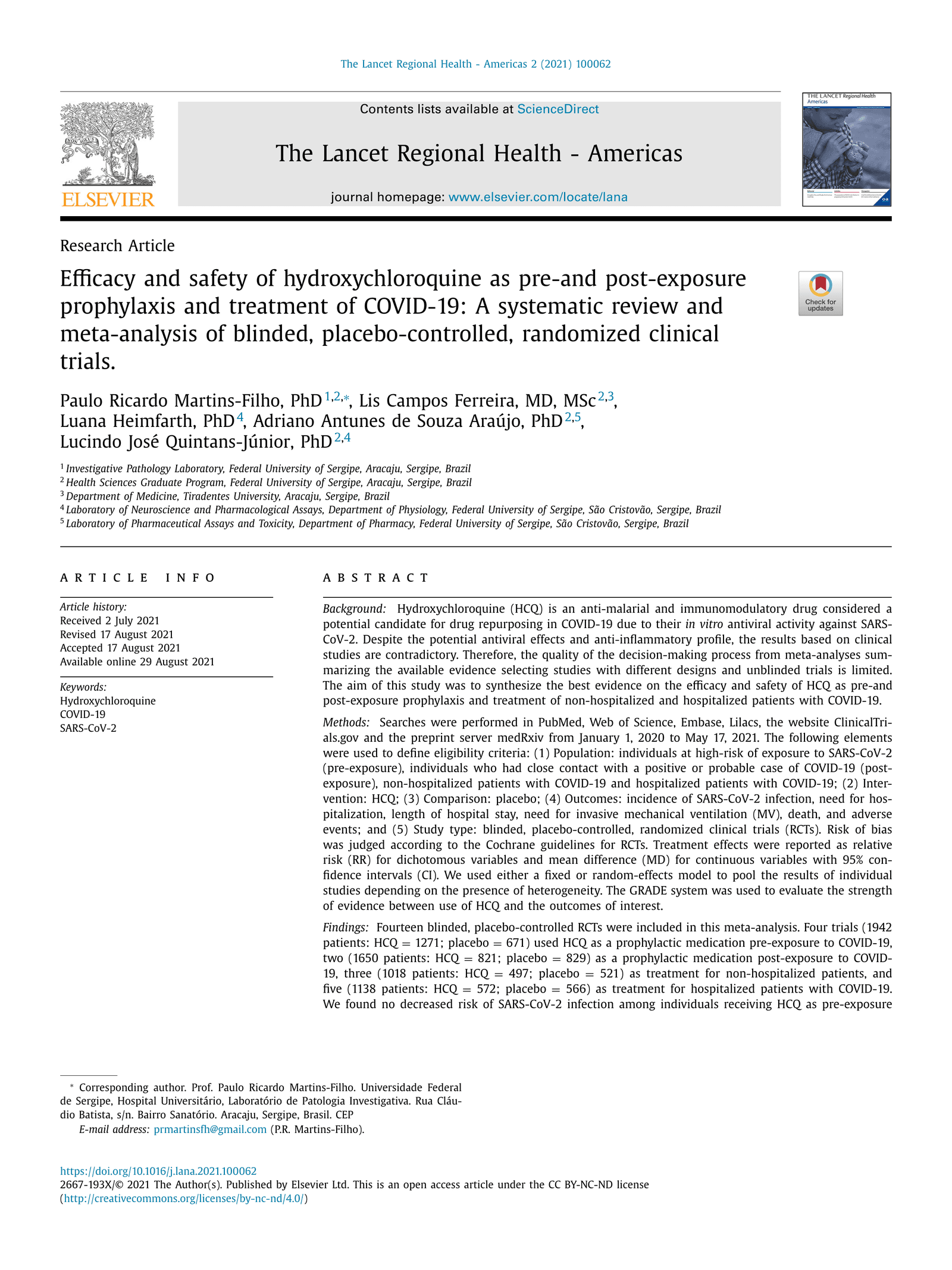 Efficacy and safety of hydroxychloroquine vs chloroquine in acute uncomplicated P. falciparum malaria: a systematic review and meta-analysis