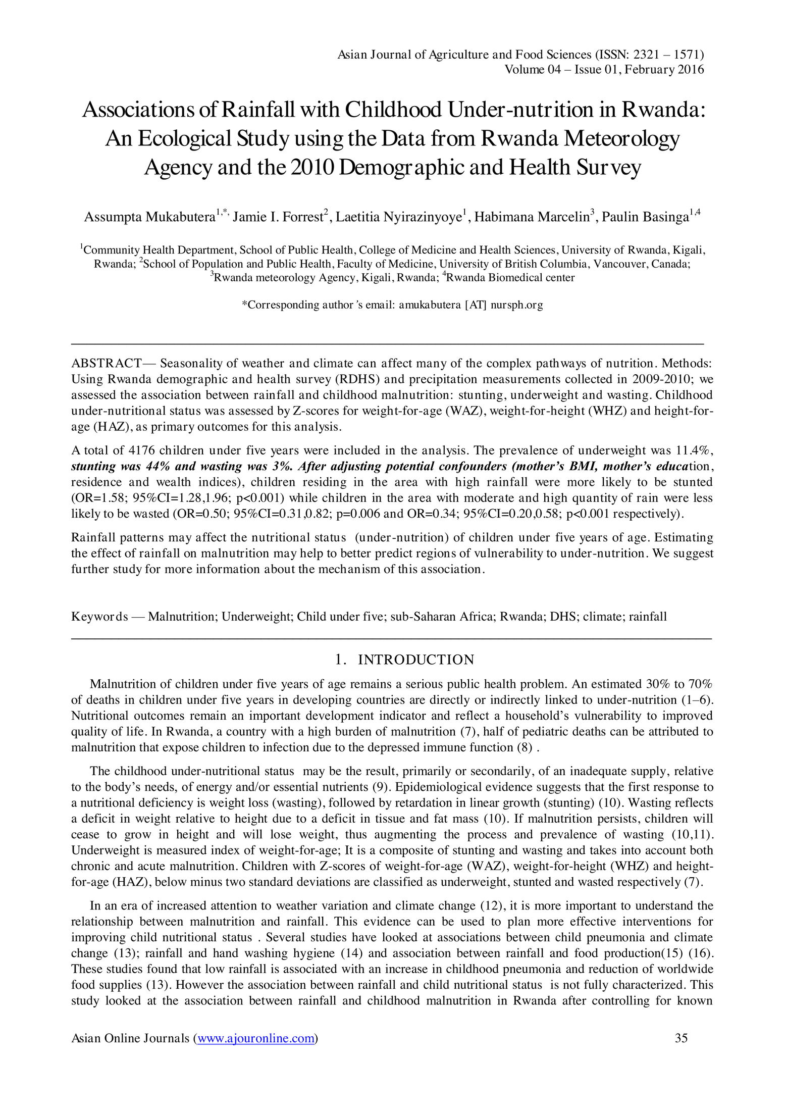 Rainfall and temperature effects on child stunting in Rwanda: a longitudinal analysis using 2010-2015 demographic and health survey data