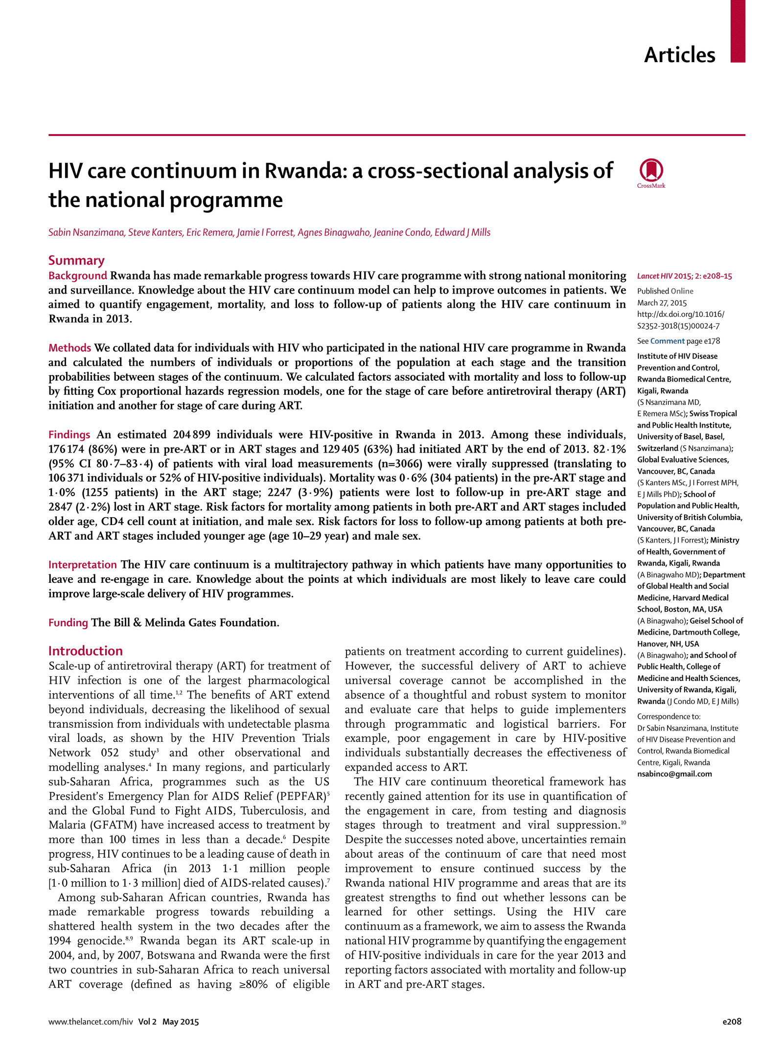 HIV care continuum in Rwanda: a cross-sectional analysis of the national programme