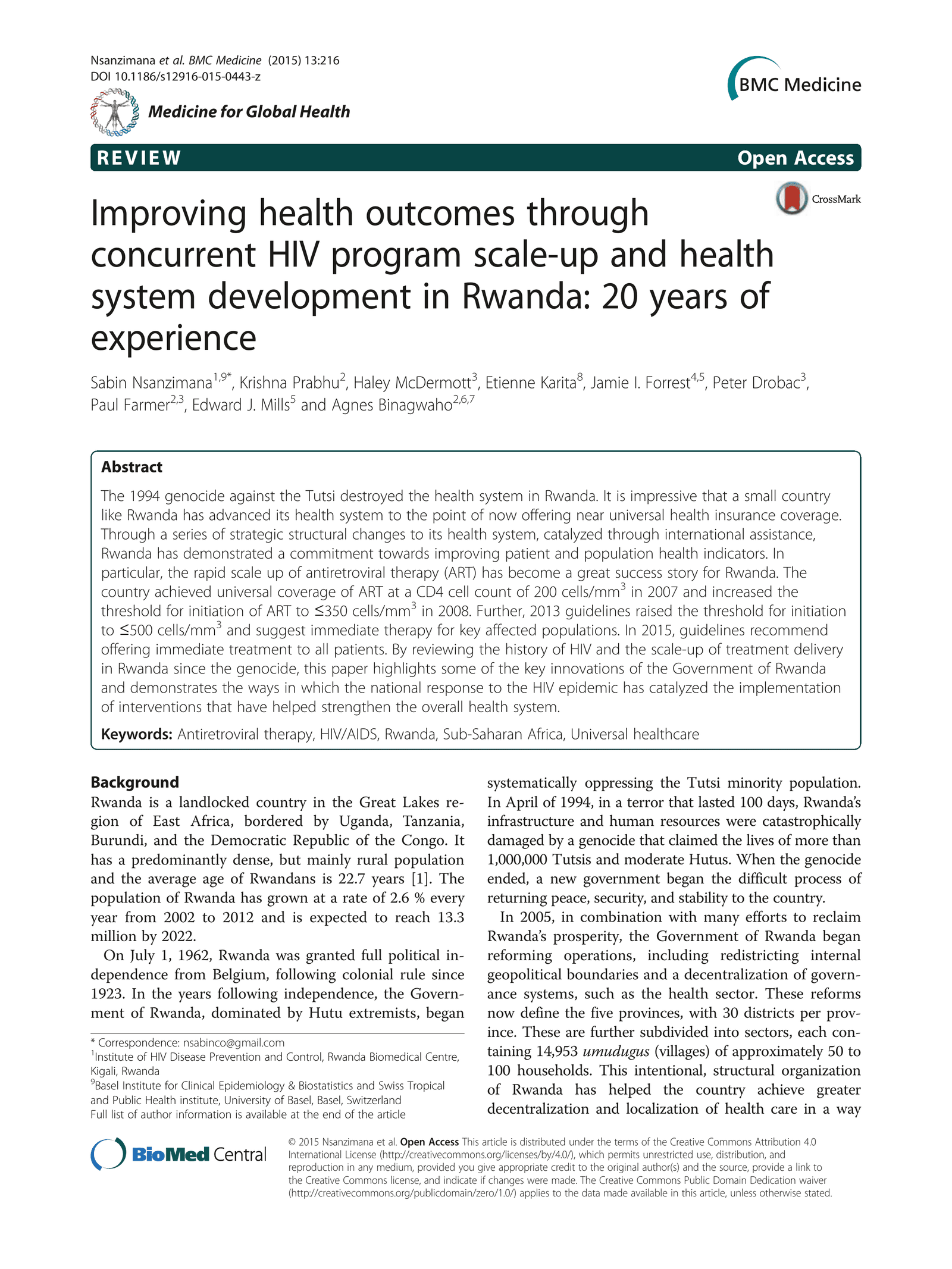 Improving health outcomes through concurrent HIV program scale-up and health system development in Rwanda: 20 years of experience