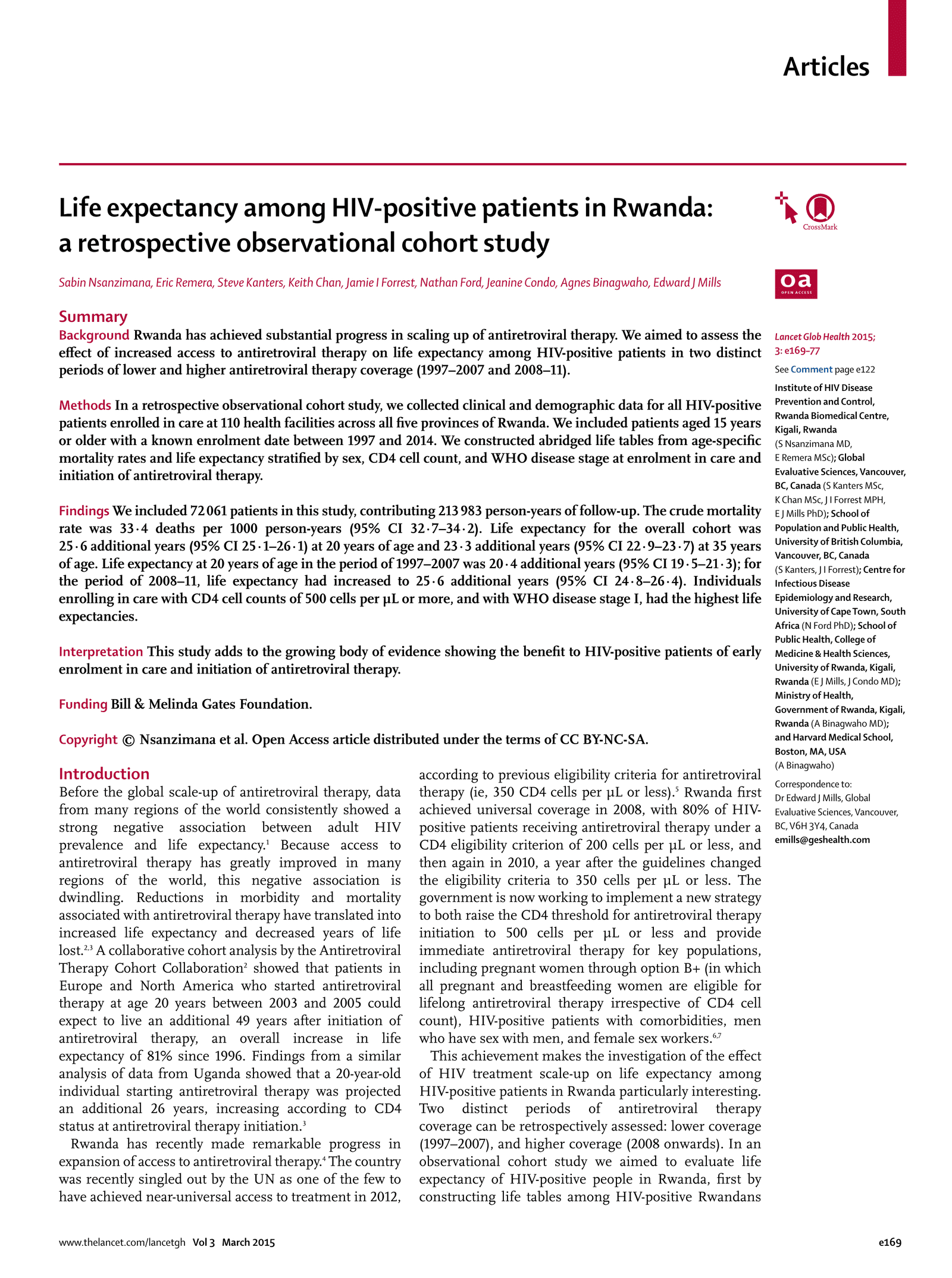 Life expectancy among HIV-positive patients in Rwanda: a retrospective observational cohort study