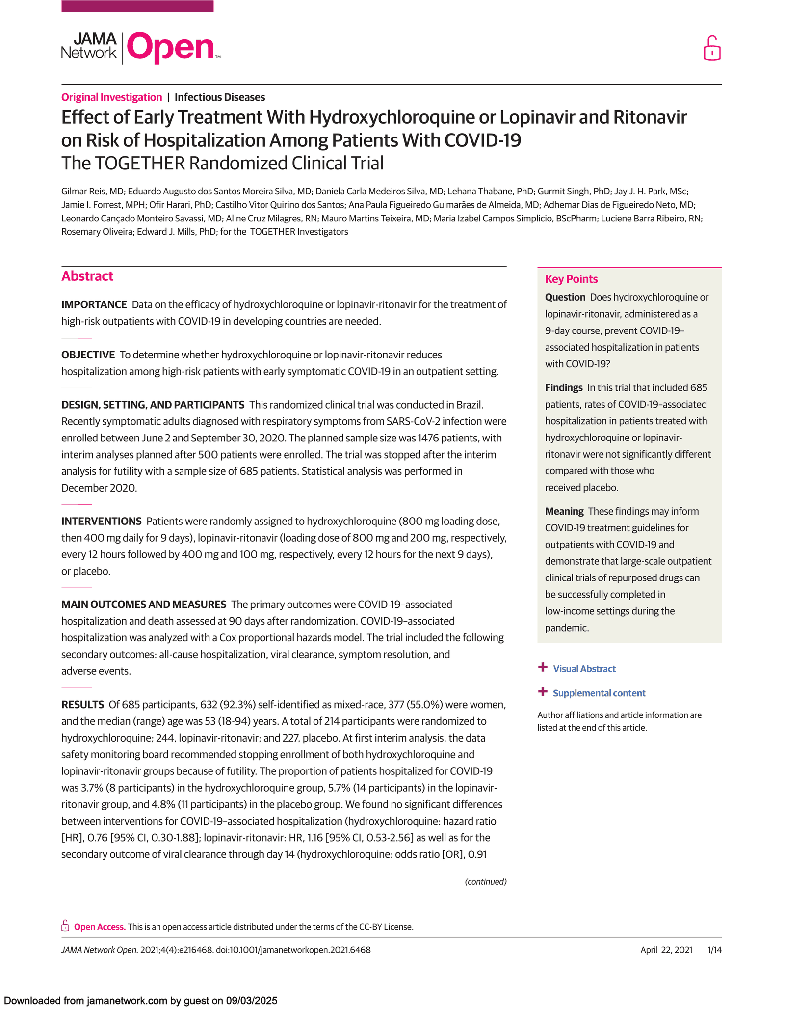 Effect of early treatment with hydroxychloroquine or lopinavir and ritonavir on risk of hospitalization among patients with COVID-19: the TOGETHER randomized clinical trial