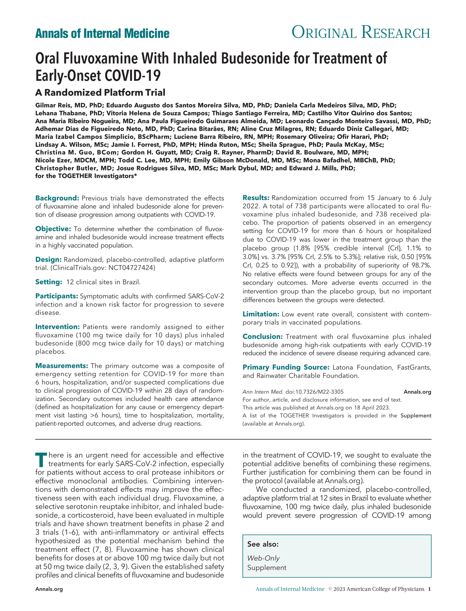Oral fluvoxamine with inhaled budesonide for treatment of early COVID-19 in the community: a randomised, double-blind, placebo-controlled, adaptive platform trial