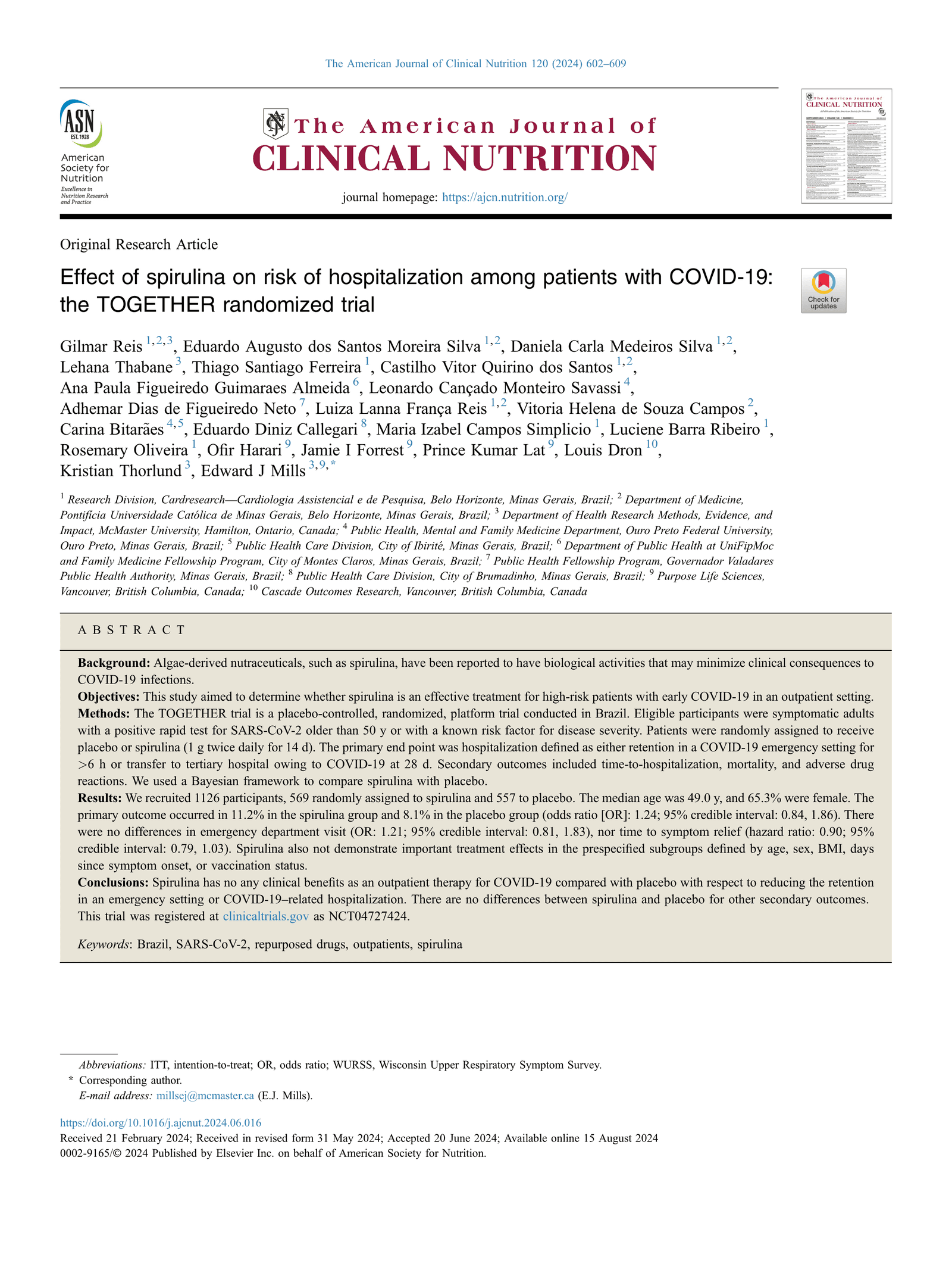 Effect of spirulina on risk of hospitalization and death among high-risk patients with COVID-19: results from the TOGETHER trial