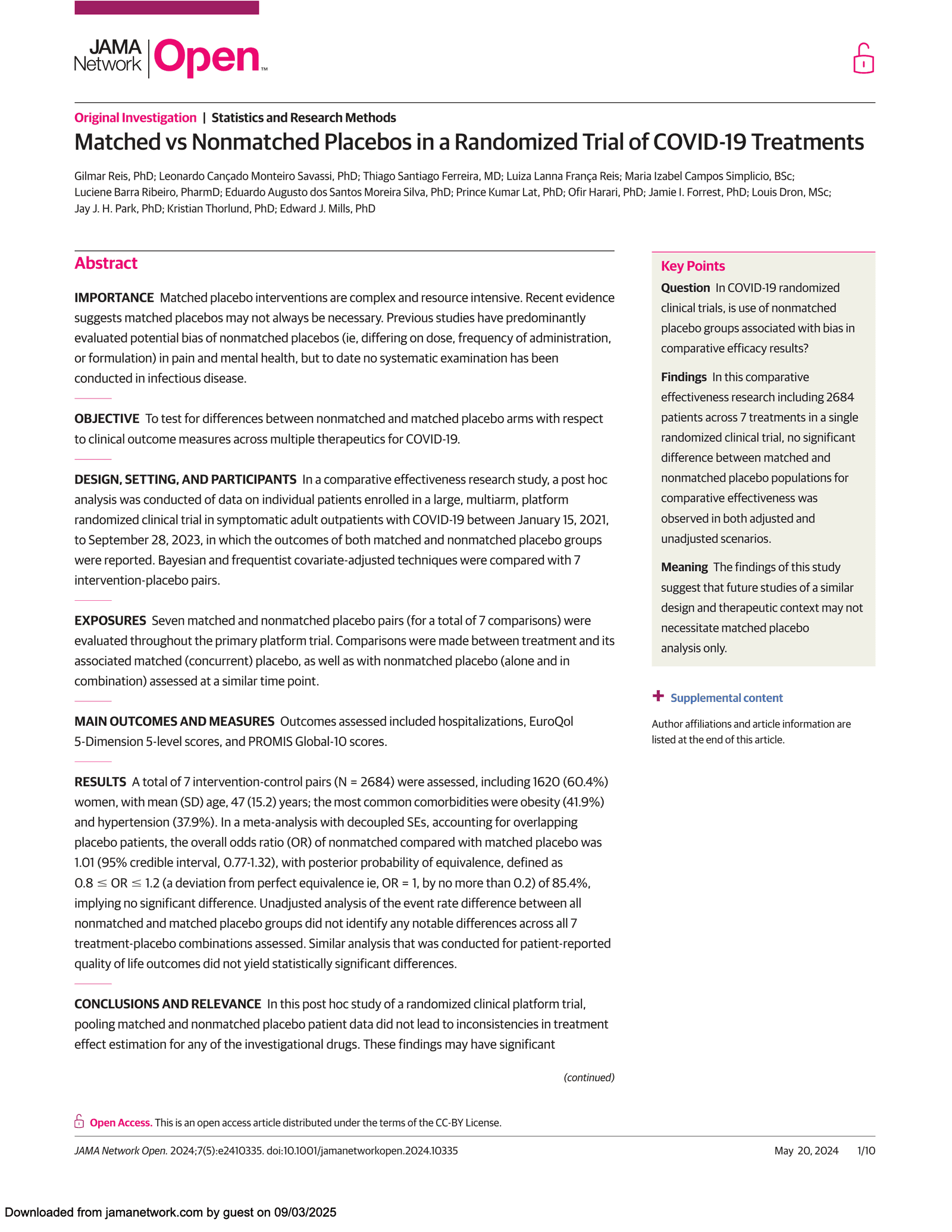 Matched vs nonmatched placebos in a platform trial: The TOGETHER randomized clinical trial experience