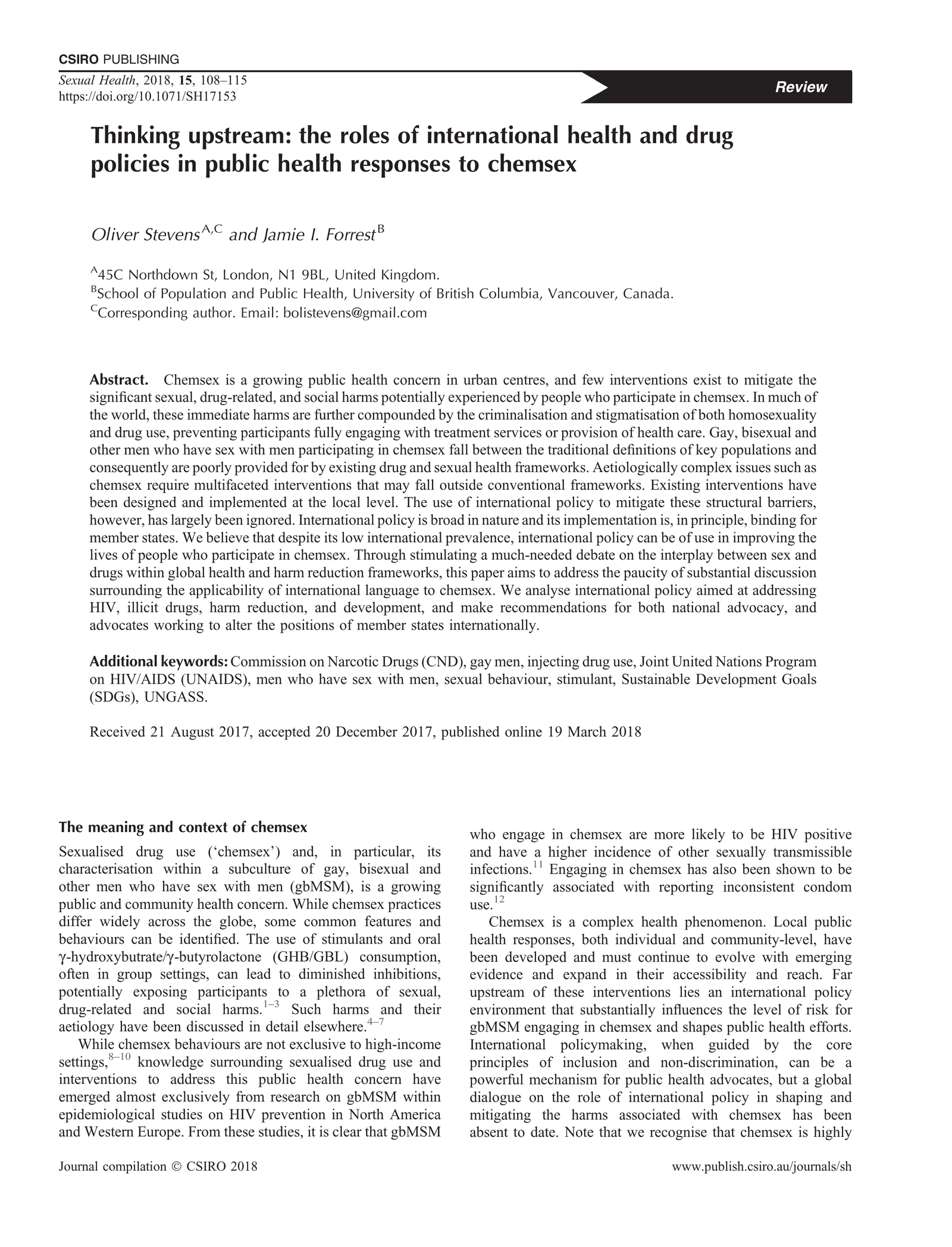 Thinking upstream: the roles of international health and drug policies in public health responses to chemsex