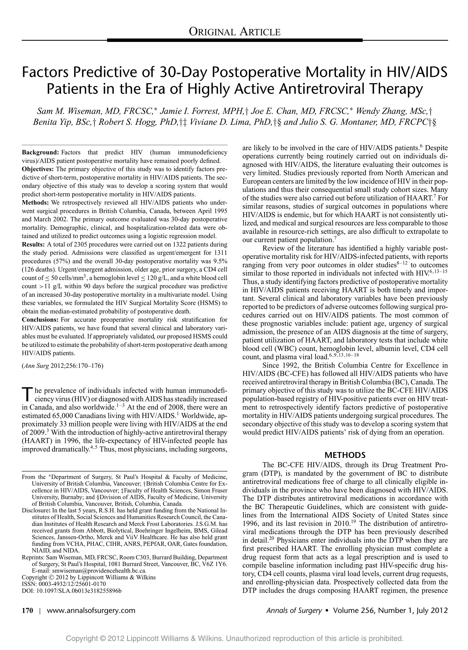 Factors predictive of 30-day post-discharge mortality among HIV-positive patients admitted to hospital in British Columbia